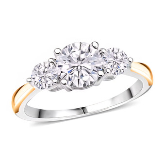 front view of moissanite three stone ring in 18k yellow gold and rhodium over sterling silver