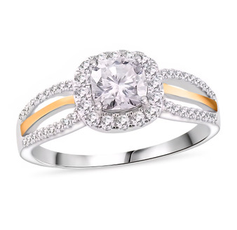 front view of moissanite halo ring in 18k yellow gold and rhodium over sterling silver