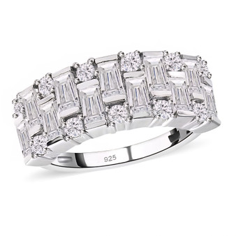 front view of moissanite cluster band ring in rhodium over sterling silver
