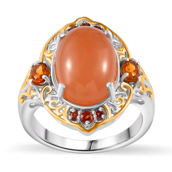front view of peach moonstone citrine and garnet two-tone ring in 18k yellow gold and rhodium over sterling silver