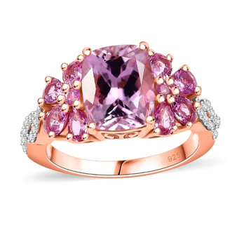 kunzite pink sapphire and moissanite ring in 18k rose gold over sterling silver front