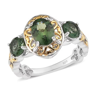 front view of green apatite three stone ring in two-tone 18k yellow gold and rhodium over sterling silver