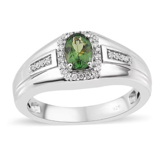 front view of green apatite and white zircon halo gents ring in rhodium over sterling silver