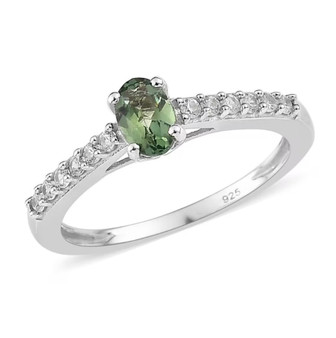 front view of green apatite and white zircon oval solitaire ring in rhodium over sterling silver