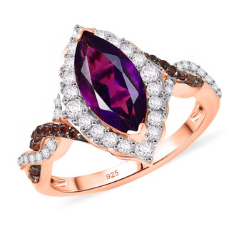 front view of marquise amethyst white and brown zircon halo ring in 18k rose gold over sterling silver