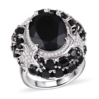 front view of black spinel and zircon statement ring in rhodium over sterling silver