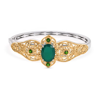green onyx and chrome diopside bangle bracelet in 18k yellow gold and rhodium over sterling silver front view