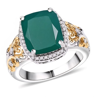 green onyx and zircon two tone ring in 18k yellow gold and rhodium over sterling silver front view