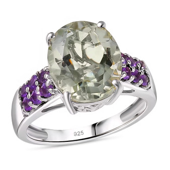 front view of prasiolte and amethyst ring in rhodium over sterling silver