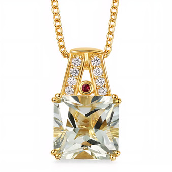 front view of prasiolite rhodolite garnet and zircon pendant necklace in 18k yellow gold over sterling silver