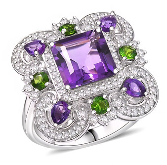 angled view of amethyst chrome diopside and zircon ring in rhodium over sterling silver