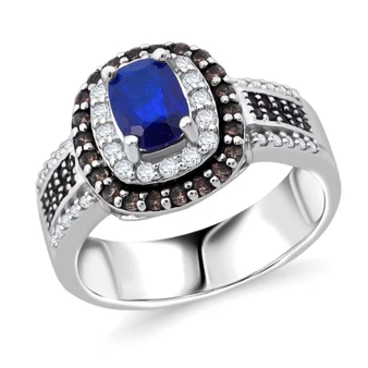 front view of blue spinel brown and white zircon double halo ring in rhodium over sterling silver