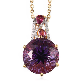 front view of amethyst rhodolite garnet and zircon pendant necklace in 18k yellow gold over sterling silver