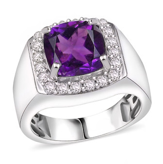 side view of amethyst and zircon gents ring in rhodium over sterling silver