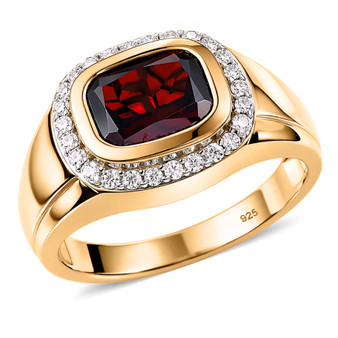garnet and moissanite halo ring in 18k yellow gold over sterling silver angled view