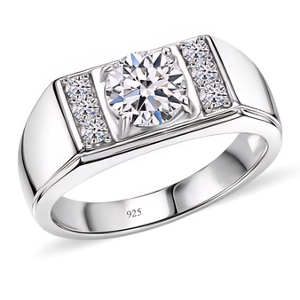 lab diamond gents ring in rhodium over sterling silver angled view