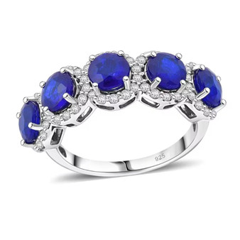 front view of blue spinel and moissanite five stone halo ring in rhodium over sterling silver