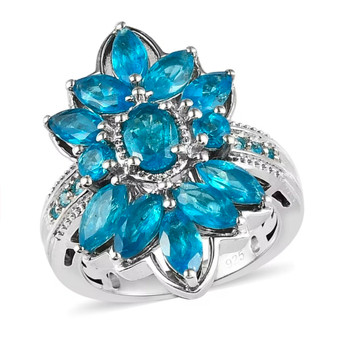 front view of neon blue apatite floral cluster ring in rhodium over sterling silver