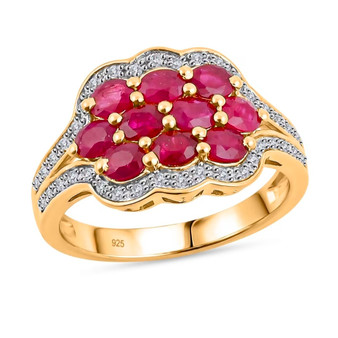 front view of ruby and white zircon cluster ring in 18k yellow gold over sterling silver
