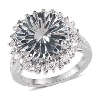 front view of white topaz round concave cut halo ring in rhodium over sterling silver