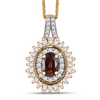 front view of rubellite tourmaline and moissanite pendant necklace in 18k yellow gold over sterling silver