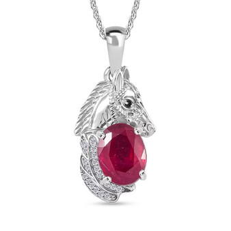 front view of ruby (ff) black spinel and moissanite horse pendant necklace in rhodium over sterling silver