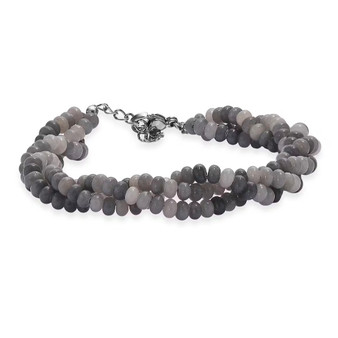 front view of gray moonstone twisted beaded bracelet with rhodium over sterling clasp