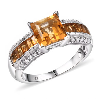 front view of citrine and zircon ring in rhodium over sterling silver