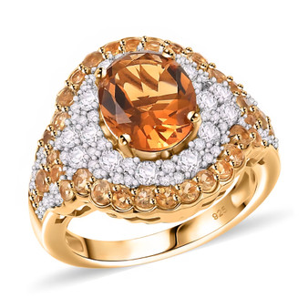 front view of citrine and zircon ring in 18k yellow gold over sterling silver