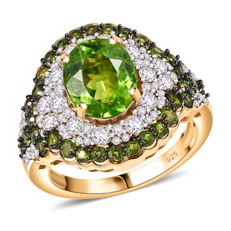 front view of peridot and zircon ring in 18k yellow gold over sterling silver