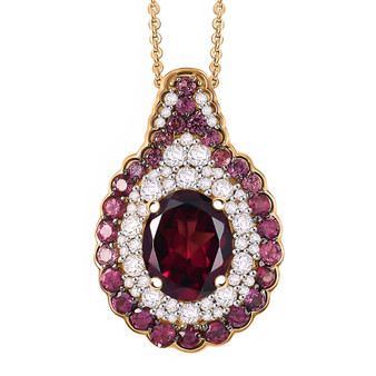 front view of rhodolite garnet and zircon pendant necklace in 18k yellow gold over sterling silver