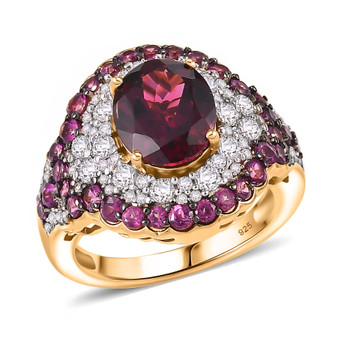 rhodolite garnet and zircon halo ring in eighteen karat yellow gold over sterling silver