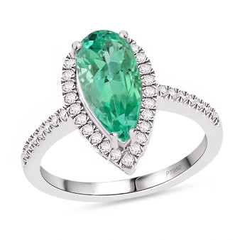 pear emerald and diamond halo ring in platinum