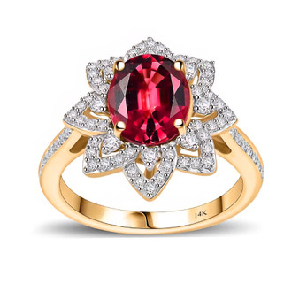front view of rubellite tourmaline oval and diamond halo ring in 14k yellow gold