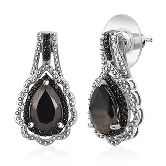 front view of elite shungite black spinel pear double halo drop earrings in rhodium over sterling silver
