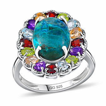 front view of shadowkite and multi gemstone oval halo ring in rhodium over sterling silver