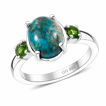 front view of shadowkite and chrome diopside three stone ring in rhodium over sterling silver