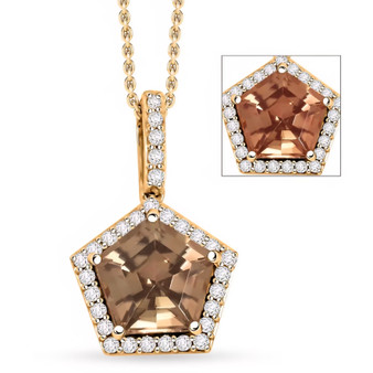 front view of turkizite and diamond pentagon cut halo pendant necklace in 14k yellow gold