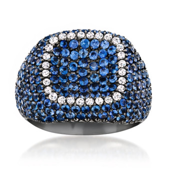 front view of blue sapphire and diamond cluster ring in black rhodium over 18k white gold