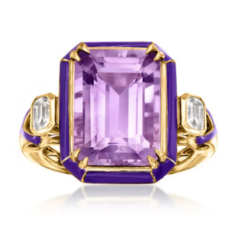 front view of amethyst and emerald cut white topaz purple enamel ring in 18k yellow gold over sterling silver