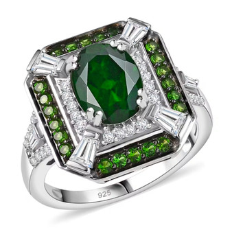 front view of chrome diopside and white zircon ring in rhodium over sterling silver