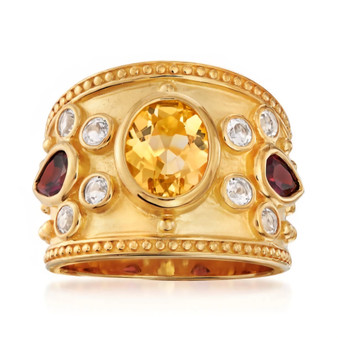 front view of citrine rhodolite oval garnet and white topaz ring in 18k yellow gold over sterling silver