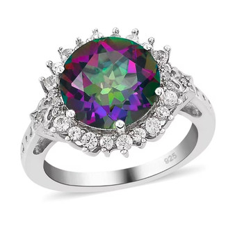 front view of mystic topaz and white zircon round halo ring in rhodium over sterling silver