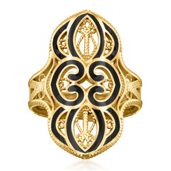 front view of black enamel openwork filigree ring in 18k yellow gold over sterling silver