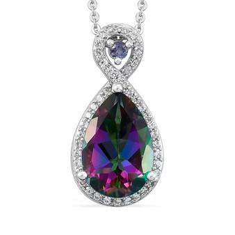 front view of mystic topaz iolite and zircon pear infinity halo pendant necklace in rhodium over sterling silver