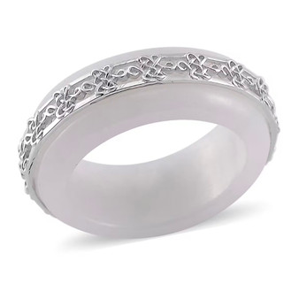front view of white jade band ring in rhodium over sterling silver
