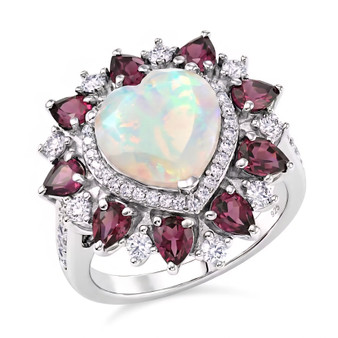 front view of ethiopian opal rhodolite garnet and zircon halo ring in rhodium over sterling silver