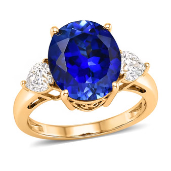 front view of lab blue and white sapphire ring in 18k yellow gold over sterling silver