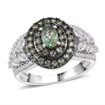 front view of green sapphire and moissanite double halo ring in rhodium over sterling silver