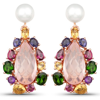 quartz rose gemstone earring in rhodium over sterling silver